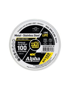 Tin of 10 - 100mm x 1mm Alpha Silver Series Cutting Discs for Metal & Stainless Steel