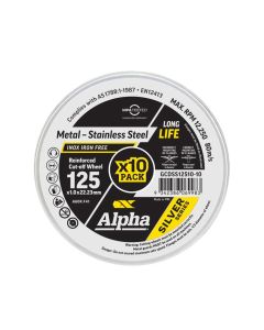 Tin of 10 - 125mm x 1mm Alpha Silver Series Cutting Discs for Metal & Stainless Steel