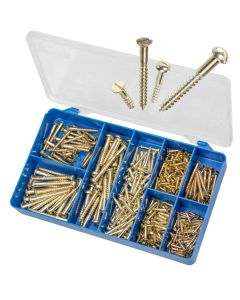 300 Piece 4g 6g 8g 9g 12g Countersunk & Round Head Wood Screw Brass Plated Torres Assortment Grab Kit HAK31